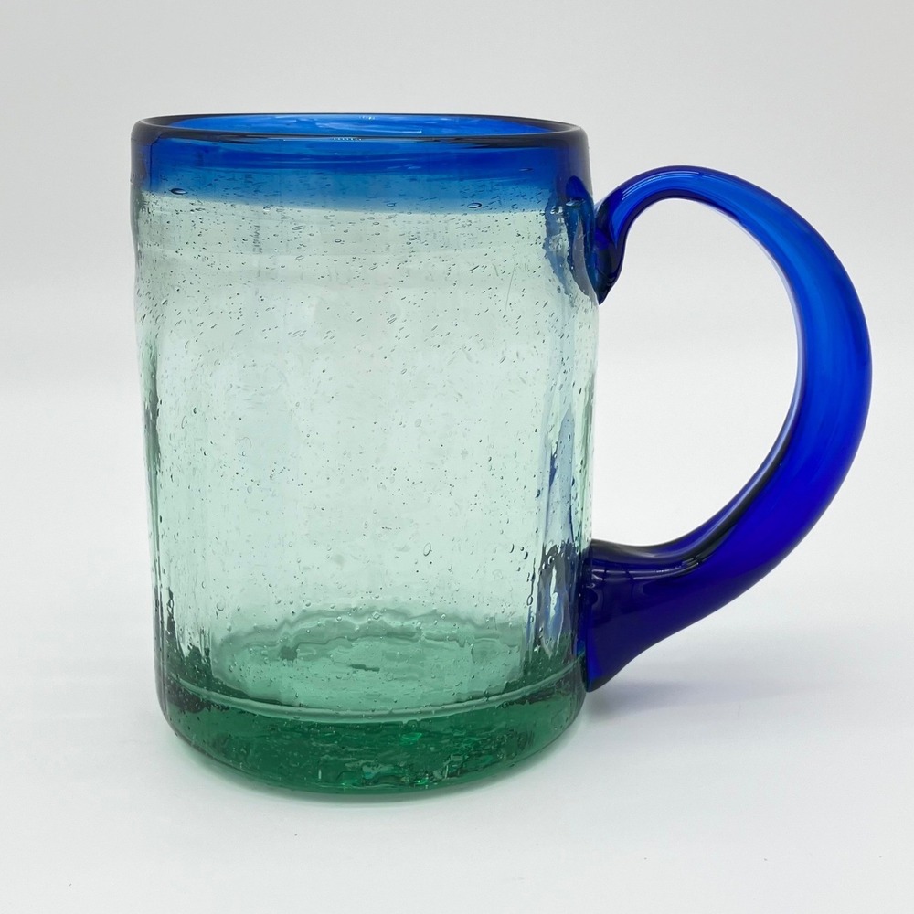 Mexican Hand Blown Glass Mug Cobalt Blue Rim Handle Bubble Recycled Glass 5"